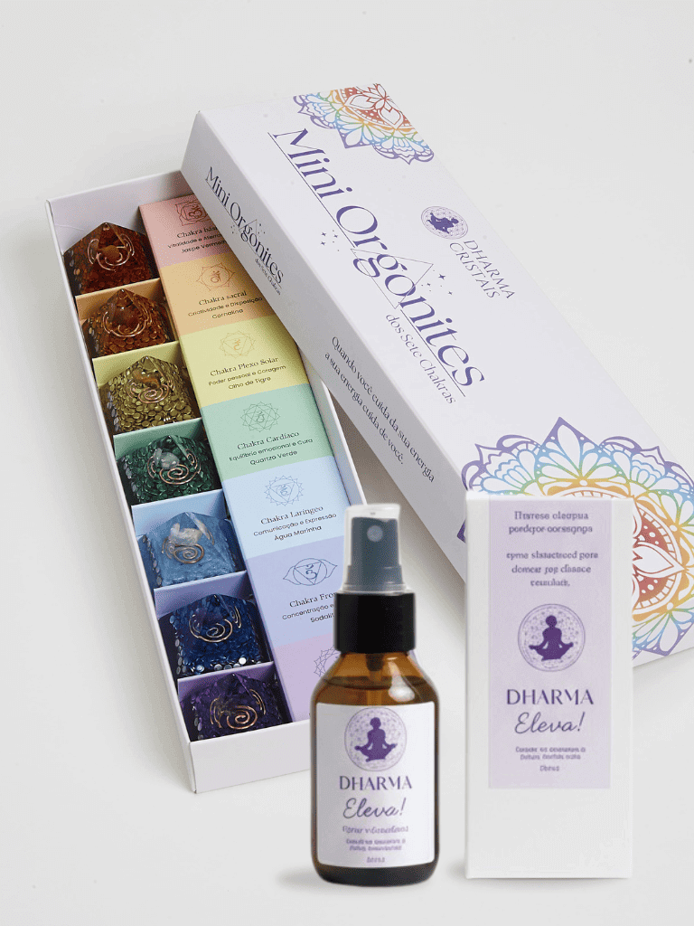 combokitespray Combo Alinhamento e Elevação – Kit Mini Orgonites 7 Chakras + Spray Vibracional Dharma Eleva - Imagem 1
