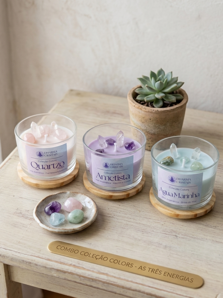 e47d48ea369d3a023b67c388932bdfce.png Kit Coleção Colors — As 3 Velas com Cristais Naturais | Dharma Cristais - Imagem 1